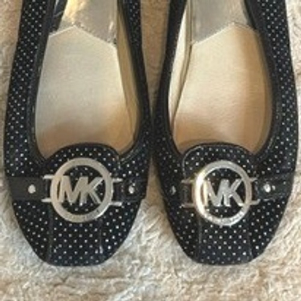 Michael Kors Fulton Black Silver Studded Polka Dot Ballet Flats MK Logo Shoes - Picture 5 of 10